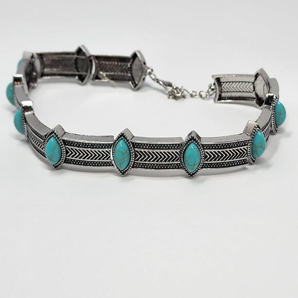 Boho Turquoise Marquise Silver Choker Necklace - Picture 3 of 8
